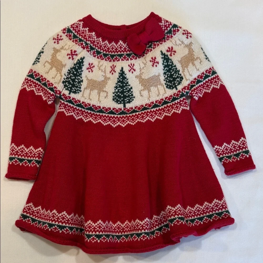 Adorable Tahari Red and Cream Knit Christmas Dress Christmas Trees Reindeer 0-3m